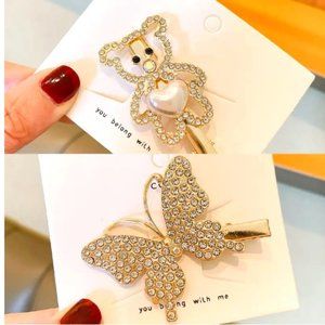 RHINESTONE BUTTERFLY & TEDDY HAIR CLIPS in Gold (set of 2)
